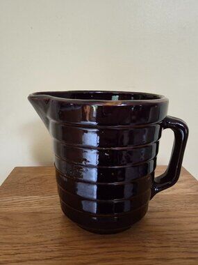 Vintage Dark Brown USA Pottery (stoneware) Ribbed Pitcher